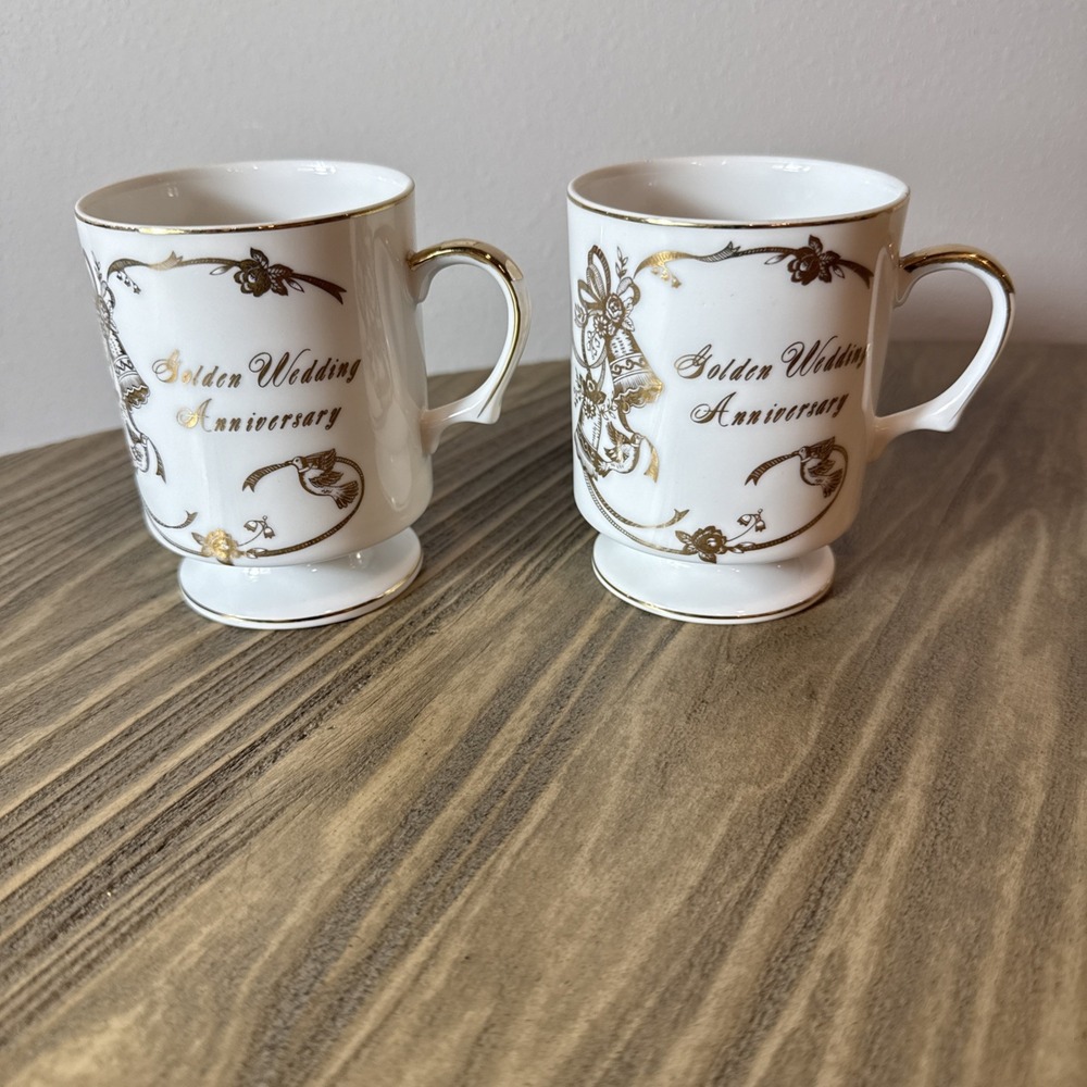 VTG Lefton China 04185 50th Golden Wedding Anniversary Footed Mugs Set 2‎ Japan